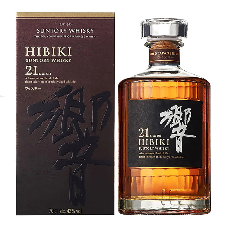 Hibiki Suntory Whisky 21 years old bottle and packaging on a white background