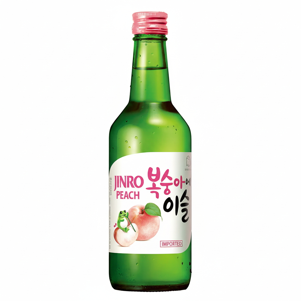 Jinro Peach Soju 360mL green bottle with pink cap on white background