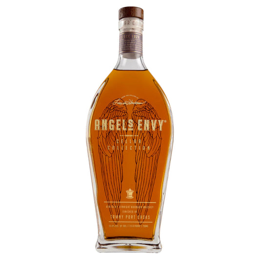Bottle of Angels Envy bourbon whiskey on a white background