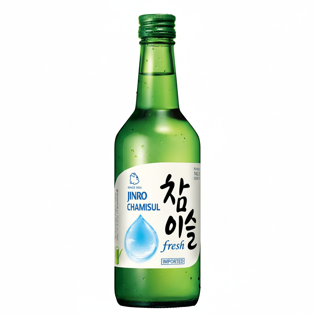 Jinro Chamisul Fresh Soju 360mL green bottle on white background