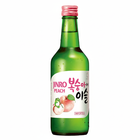 Jinro Peach Soju 360mL green bottle with pink cap on white background