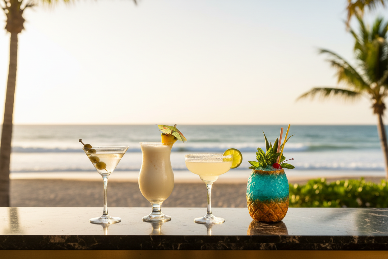 Luxurious beach bar cocktails with light top space
