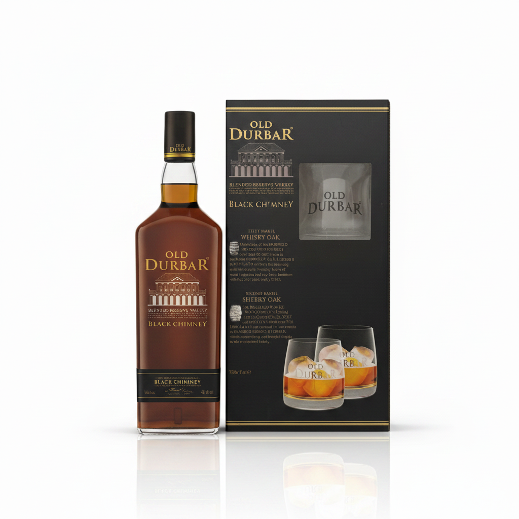Old Durbar Black Chimney 750mL Gift Pack Studio Shot