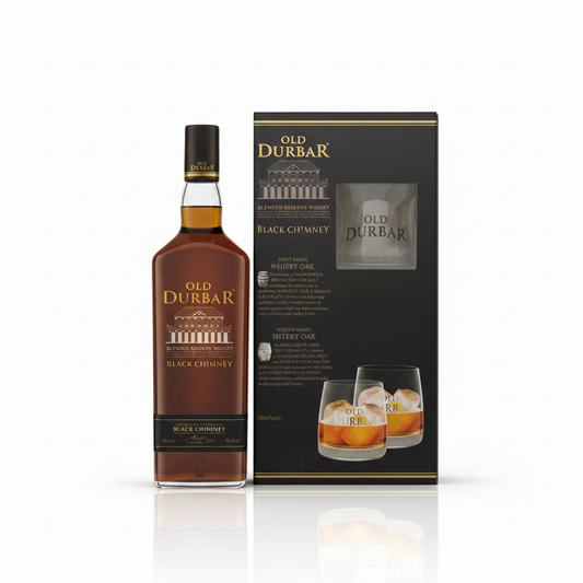 Old Durbar Black Chimney 750mL Gift Pack Studio Shot