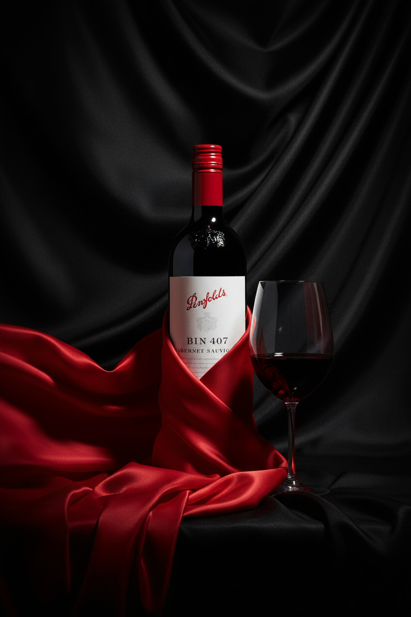 Penfolds Bin 407 with red silk wrap and black silk background