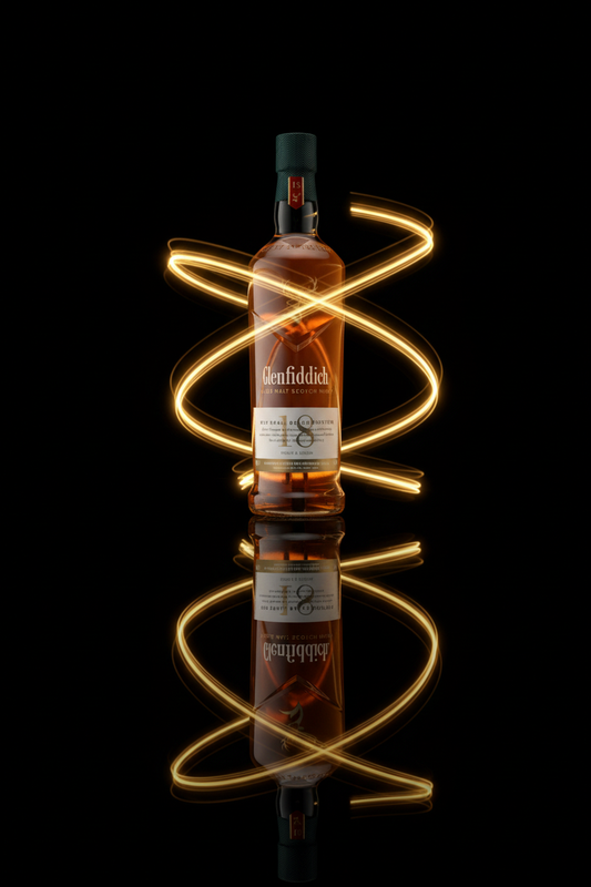 Ultra-luxurious Glenfiddich 18 bottle with cinematic lighting